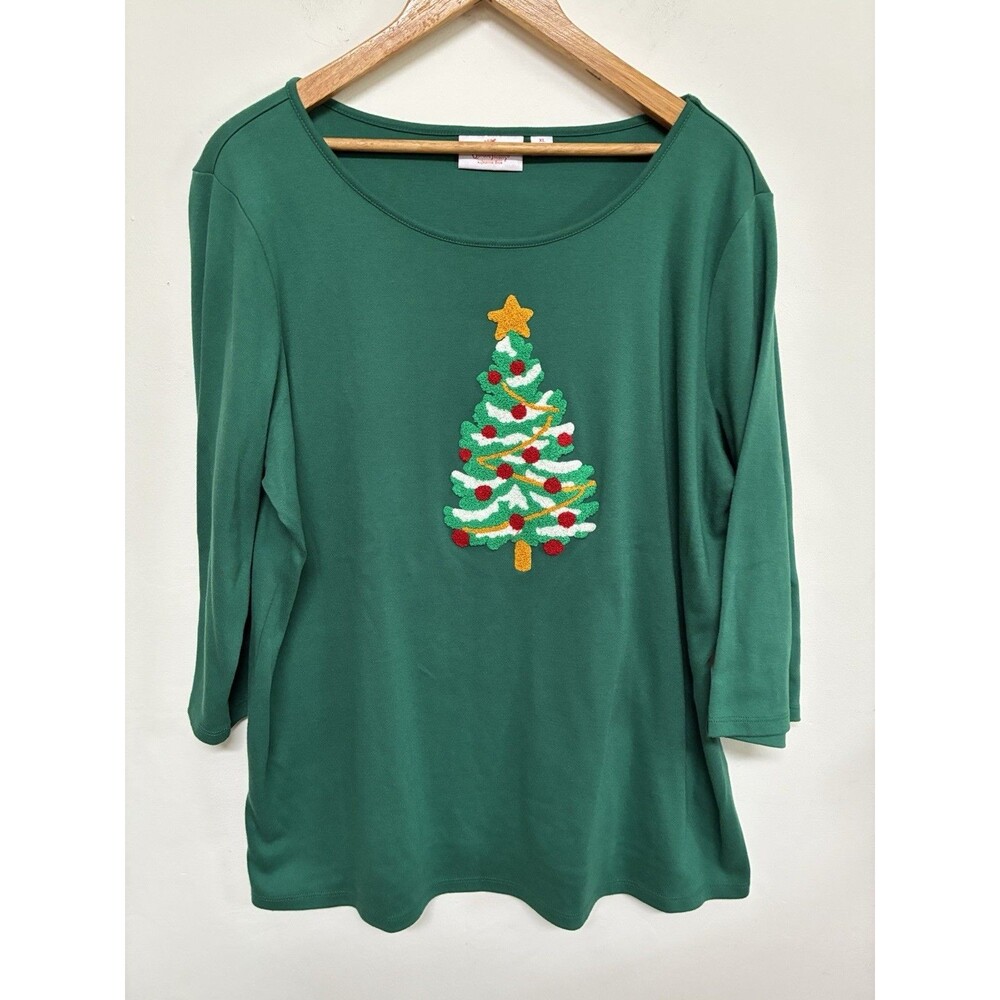 Quacker Factory Christmas Tree Blouse Women’s XL Green 3/4 Sleeve Cotton Blend